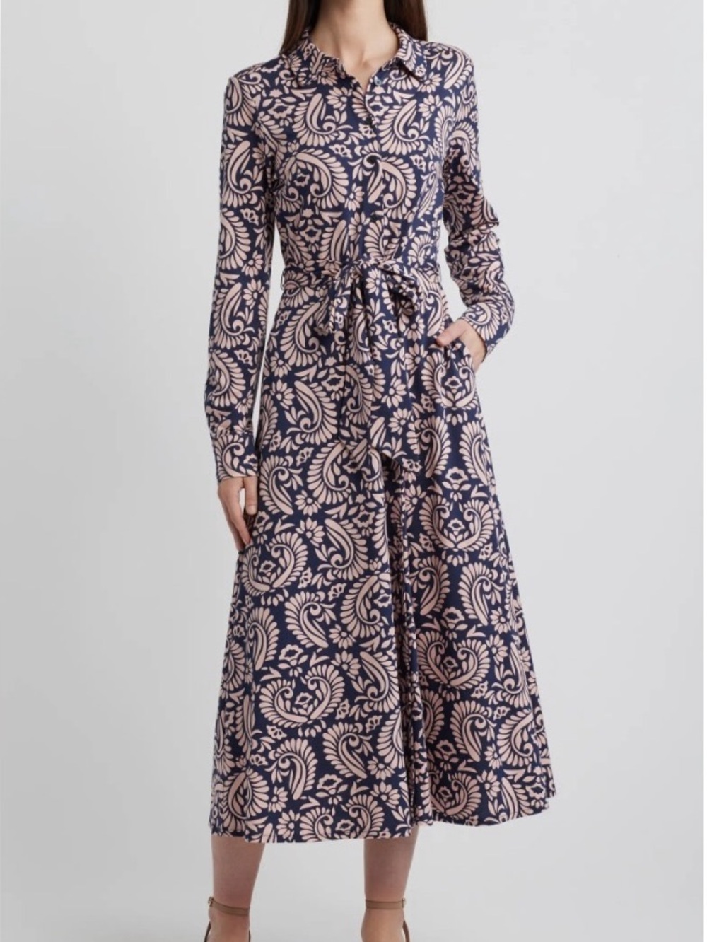 BODEN Navy & White Paisley Long-Sleeve Dress with Tie Waist MIDI